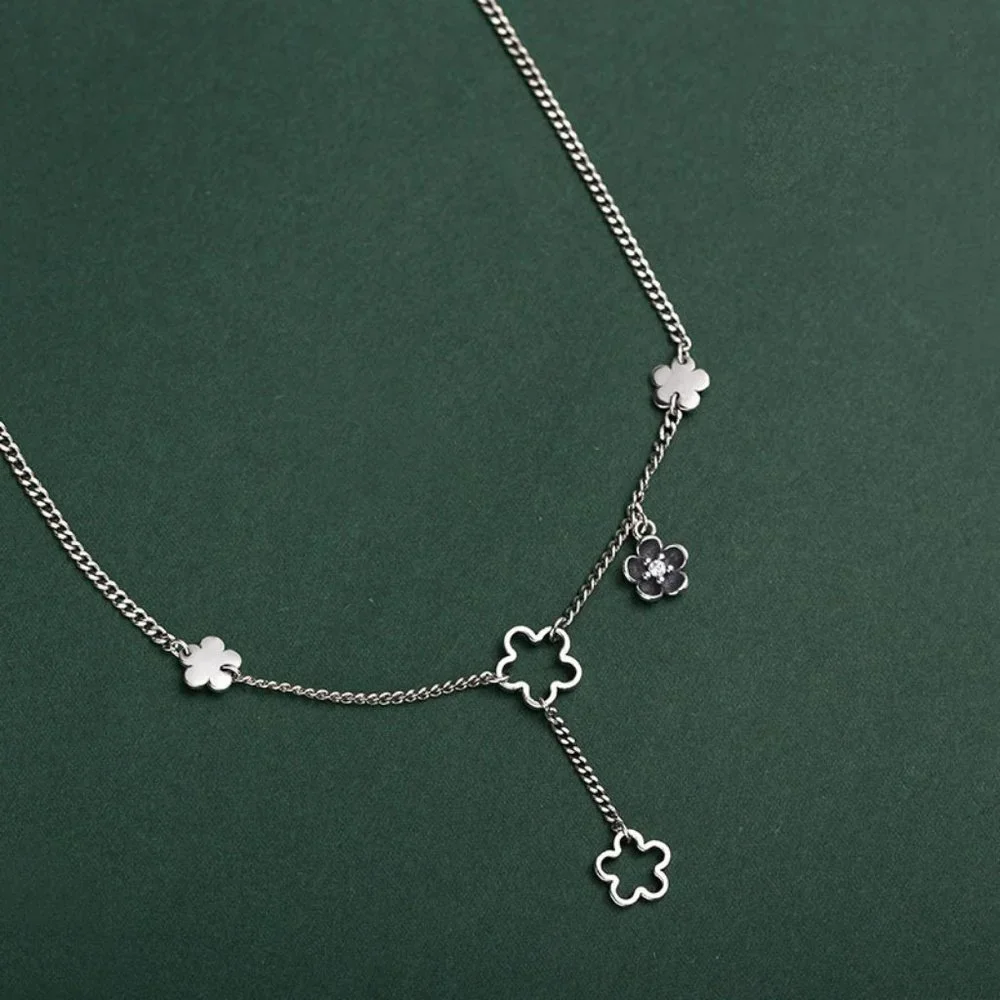 #NEW 925 Sterling Silver Flower Drop Link Chain Necklace